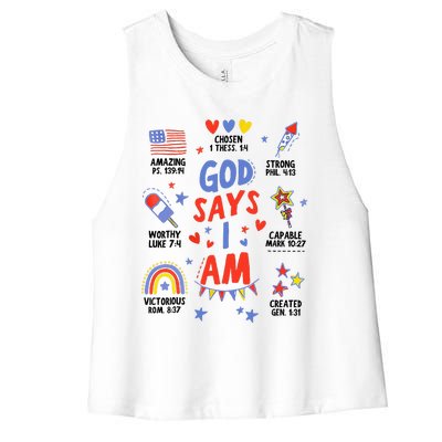 God Says I Am July 4th Christian Bible Verse Women's Racerback Cropped Tank