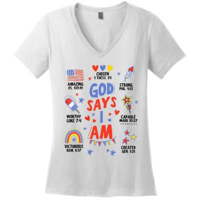 God Says I Am July 4th Christian Bible Verse Women's V-Neck T-Shirt