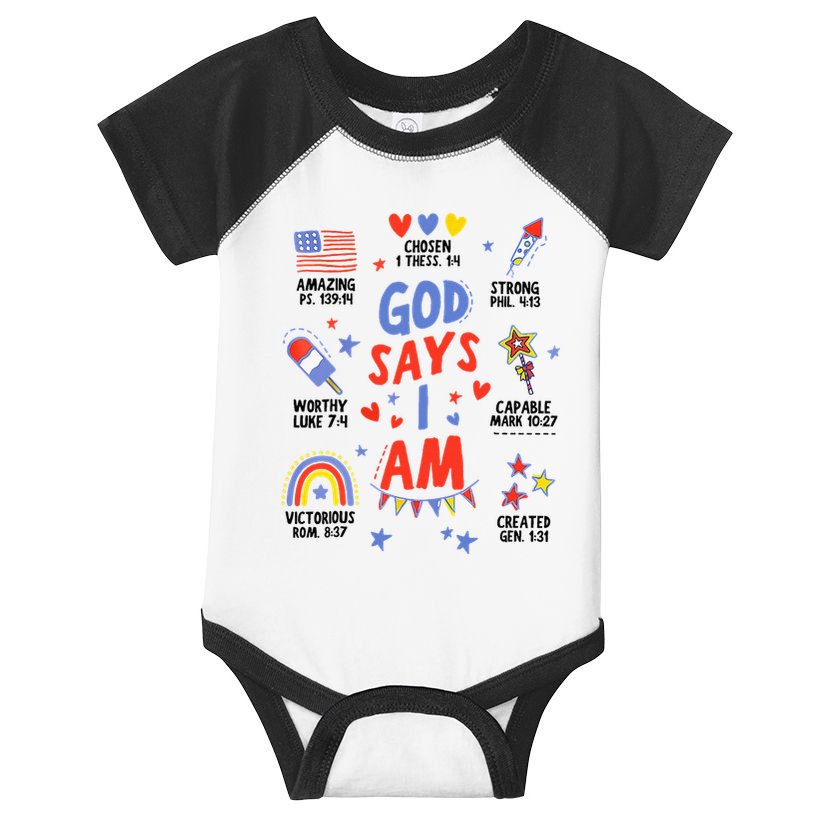 God Says I Am July 4th Christian Bible Verse Infant Baby Jersey Bodysuit