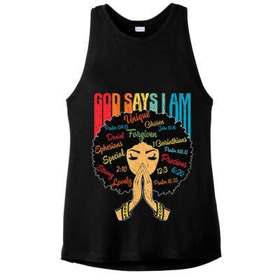 God Says I Am Black Melanin Black Retro Juneteenth Ladies PosiCharge Tri-Blend Wicking Tank