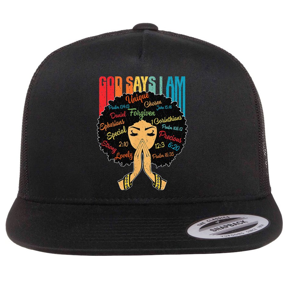 God Says I Am Black Melanin Black Retro Juneteenth Flat Bill Trucker Hat
