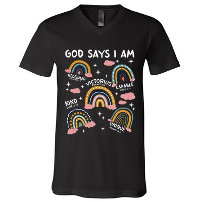God Says I Am Rainbow Lover Girl Christian V-Neck T-Shirt