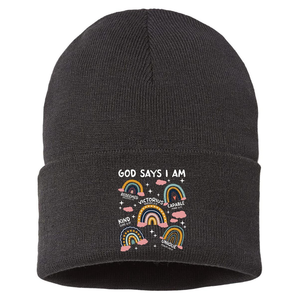 God Says I Am Rainbow Lover Girl Christian Sustainable Knit Beanie