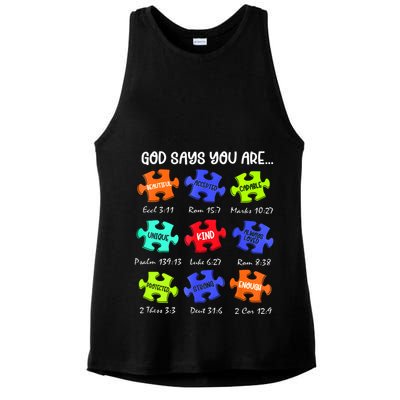 God Says I Am Autism Awareness Retro Be Kind Ladies PosiCharge Tri-Blend Wicking Tank