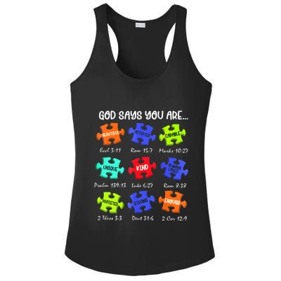 God Says I Am Autism Awareness Retro Be Kind Ladies PosiCharge Competitor Racerback Tank
