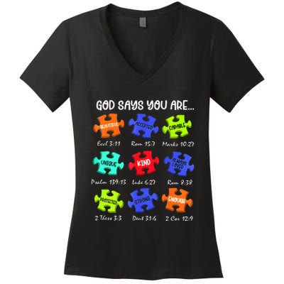 God Says I Am Autism Awareness Retro Be Kind Women's V-Neck T-Shirt