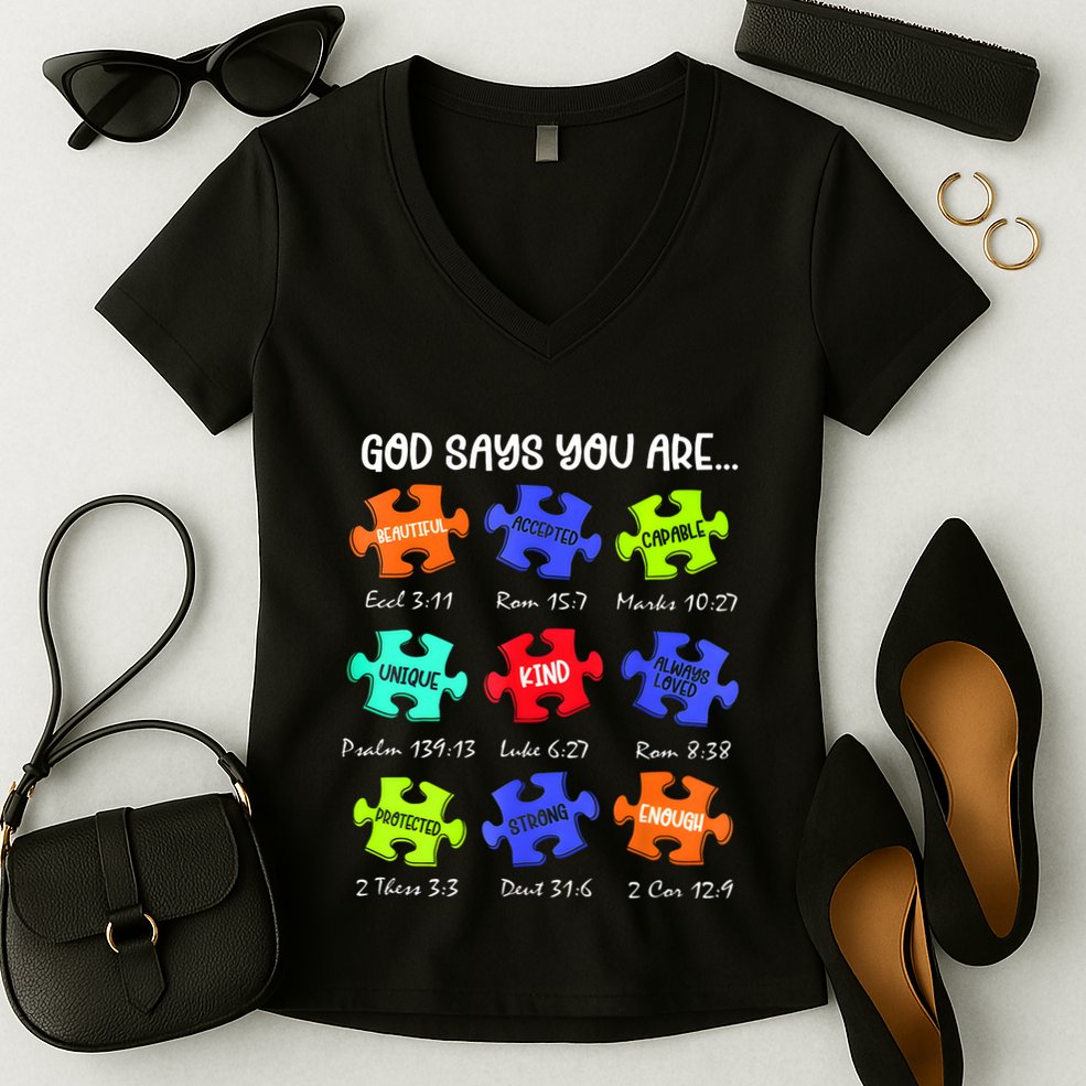 God Says I Am Autism Awareness Retro Be Kind Women's V-Neck T-Shirt