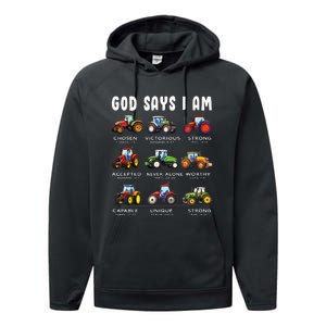 God Says I Am Tractor Farm Truck Performance Fleece Hoodie