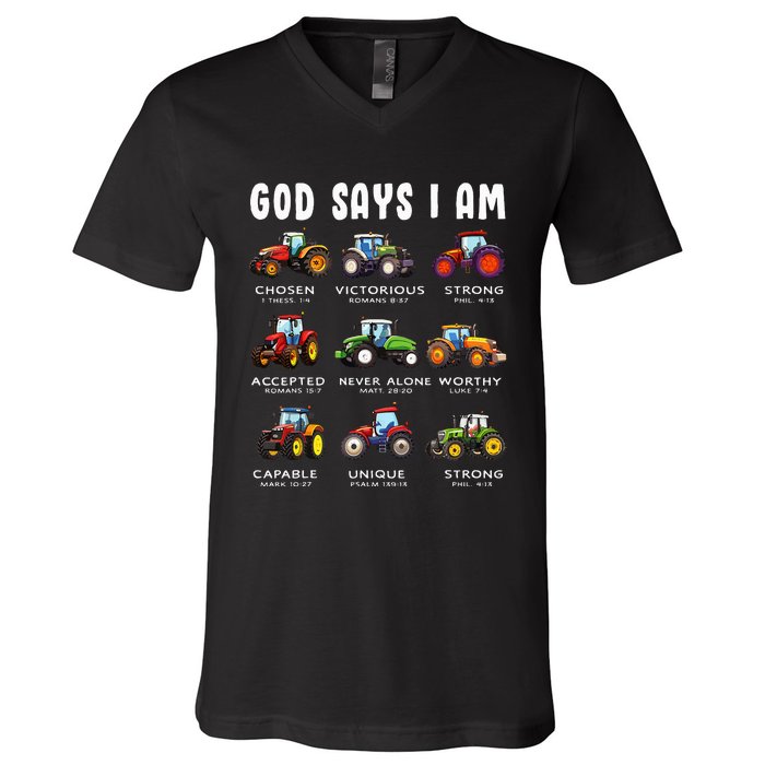 God Says I Am Tractor Farm Truck V-Neck T-Shirt