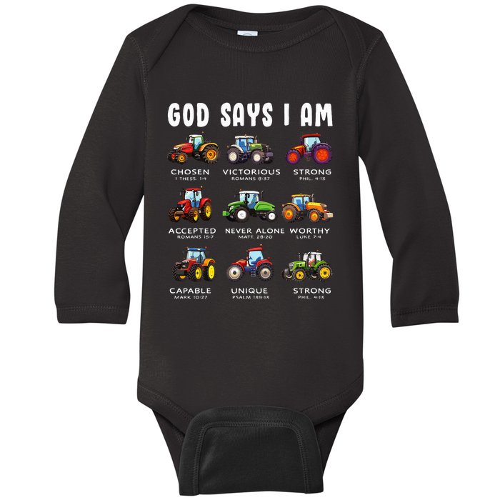 God Says I Am Tractor Farm Truck Baby Long Sleeve Bodysuit