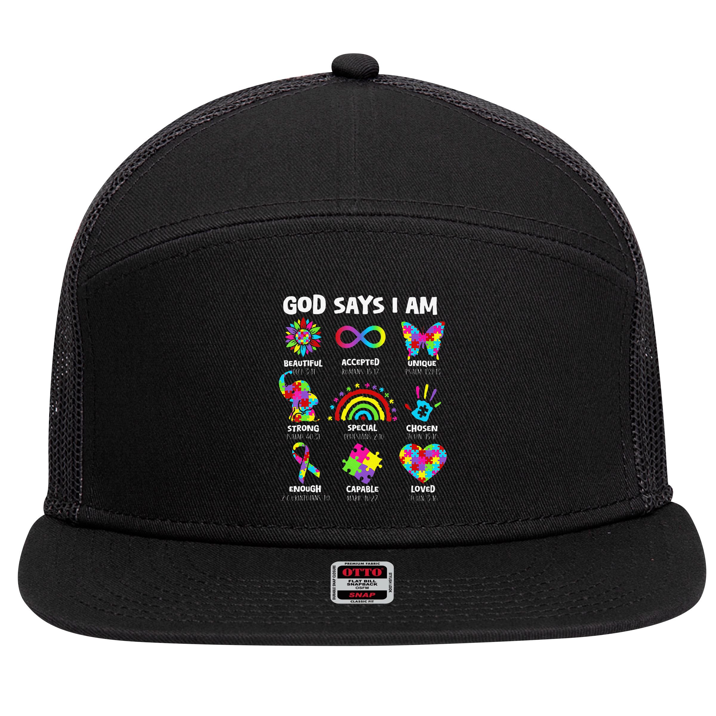 God Says I Am Autism Christian Girl Autism Awareness 7 Panel Mesh Trucker Snapback Hat