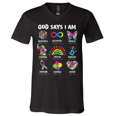 God Says I Am Autism Christian Girl Autism Awareness V-Neck T-Shirt