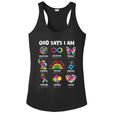 God Says I Am Autism Christian Girl Autism Awareness Ladies PosiCharge Competitor Racerback Tank