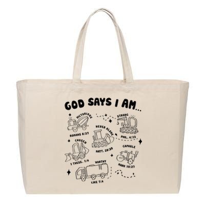 God Says I Am Truck Construction Christian Bible Verse Cotton Canvas Jumbo Tote