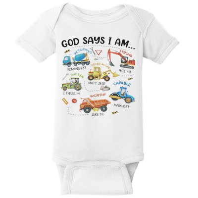 God Says I Am Construction Bible Verse Truck Baby Bodysuit