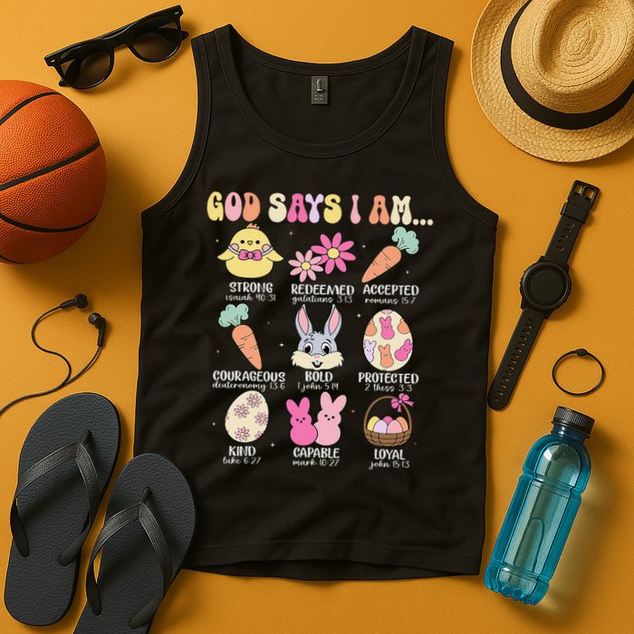 God Says I Am Easter Eggs Bunny Chick Easter Day Bible Tank Top