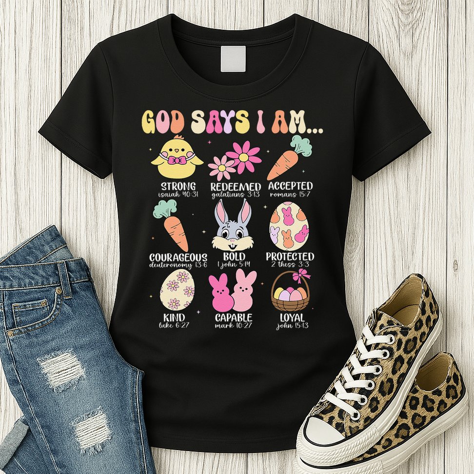 God Says I Am Easter Eggs Bunny Chick Easter Day Bible Womens T-Shirt