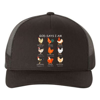 God Says I Am Bible Verse Christian Farm Chickens Religious Yupoong Adult 5-Panel Trucker Hat