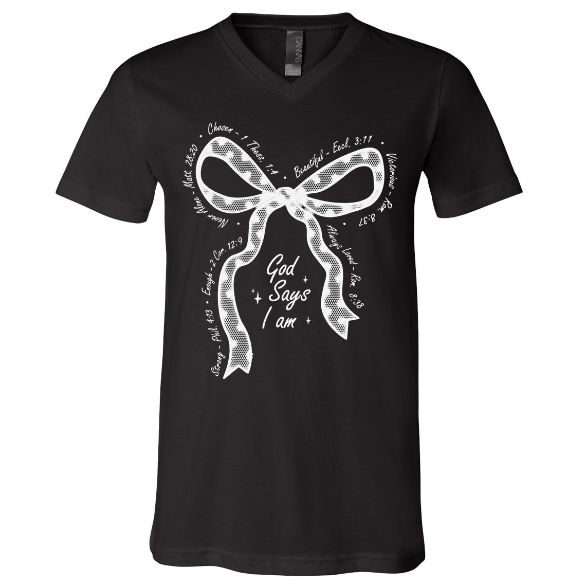 God Says I Am Lace Coquette Bow Christian Bible Verse Jesus V-Neck T-Shirt