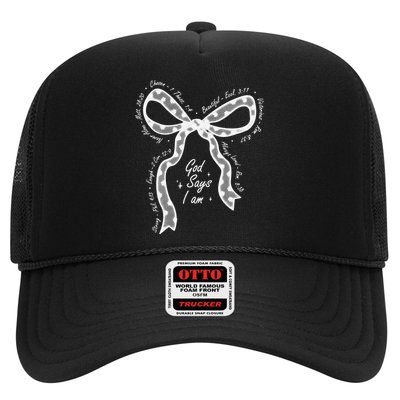 God Says I Am Lace Coquette Bow Christian Bible Verse Jesus Trucker Hat