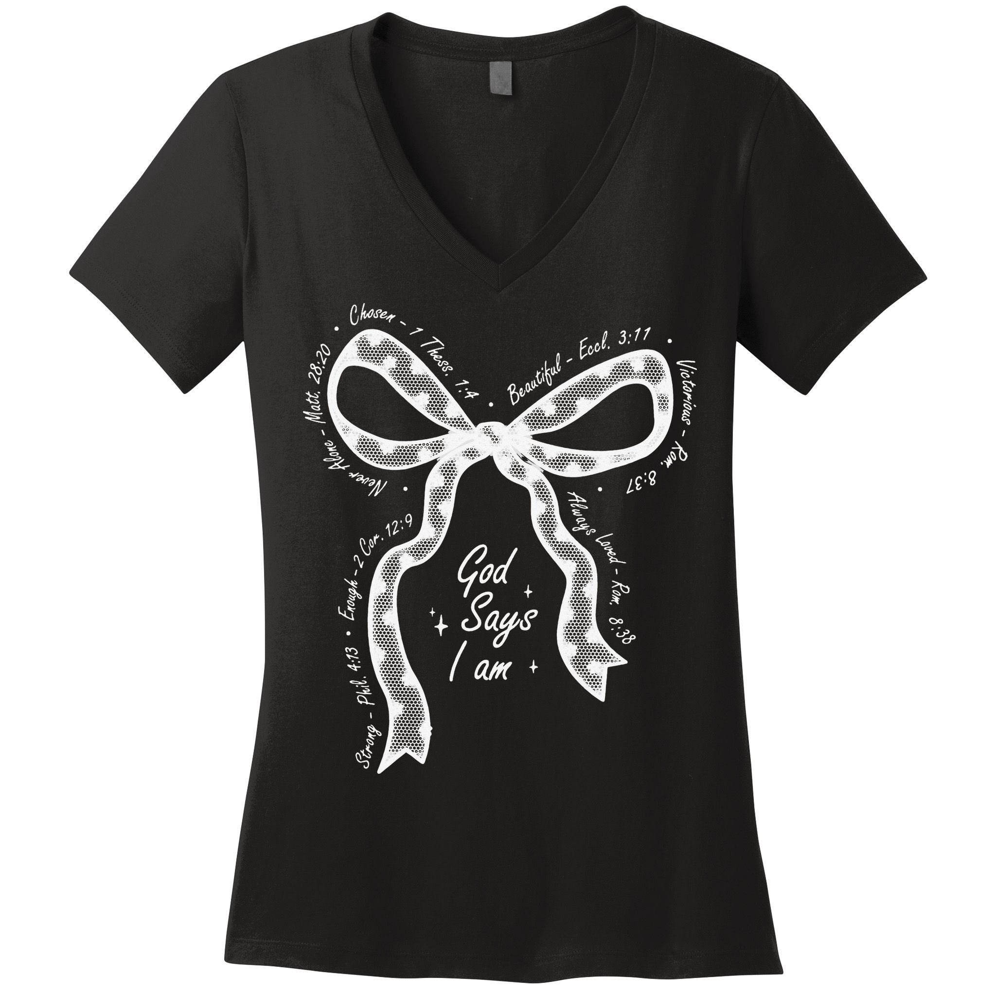 God Says I Am Lace Coquette Bow Christian Bible Verse Jesus Women's V-Neck T-Shirt