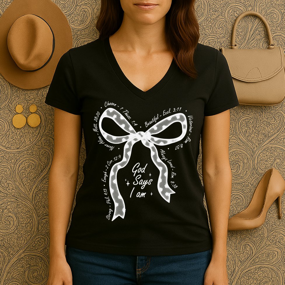 God Says I Am Lace Coquette Bow Christian Bible Verse Jesus Women's V-Neck T-Shirt
