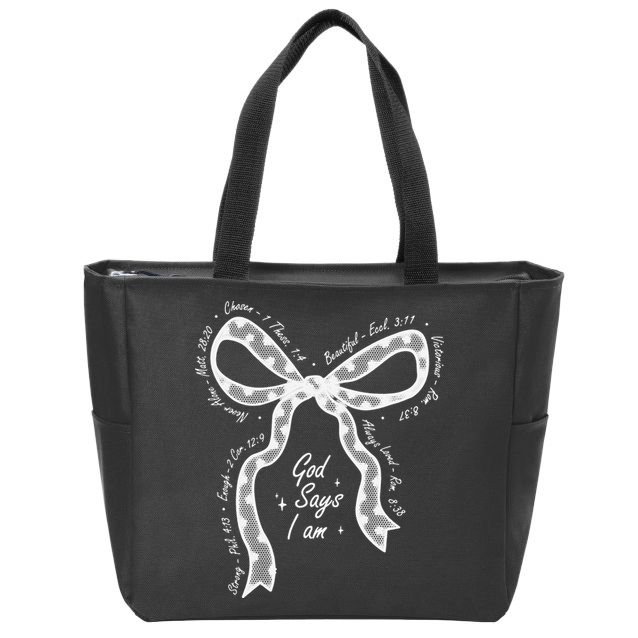 God Says I Am Lace Coquette Bow Christian Bible Verse Jesus Zip Tote Bag