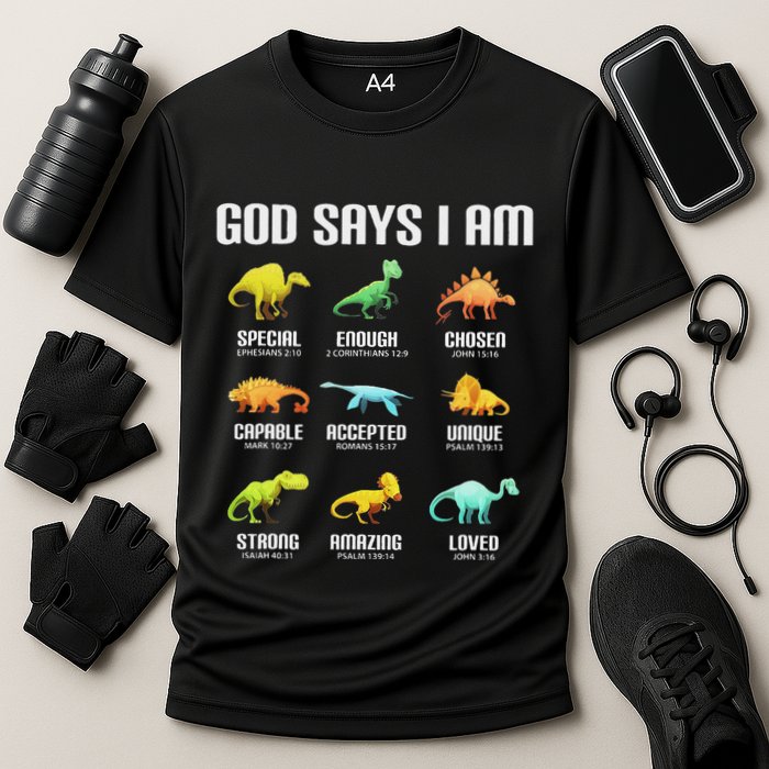 God Says I Am Dinosaurs Christian Cooling Performance Crew T-Shirt