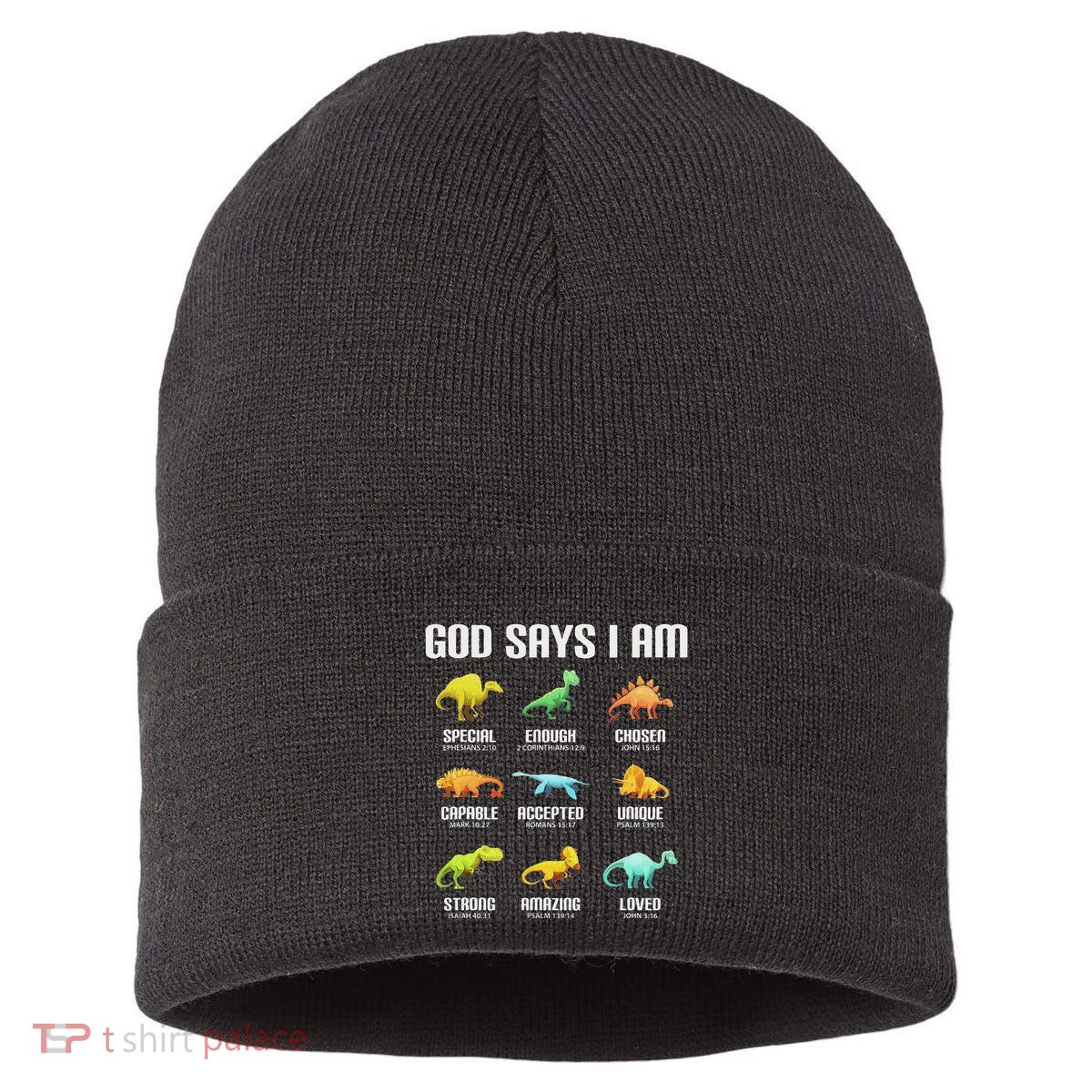 God Says I Am Dinosaurs Christian Sustainable Knit Beanie