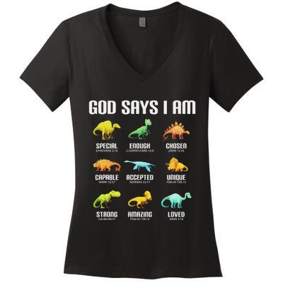 God Says I Am Dinosaurs Christian Women's V-Neck T-Shirt