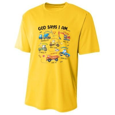 God Says I Am Construction Bible Verse Truck Youth Performance Sprint T-Shirt