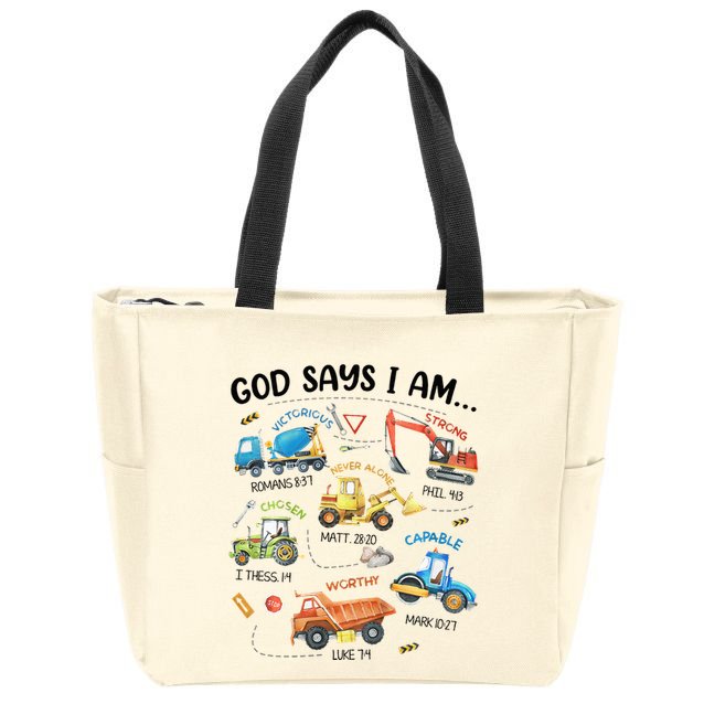 God Says I Am Construction Bible Verse Truck Zip Tote Bag