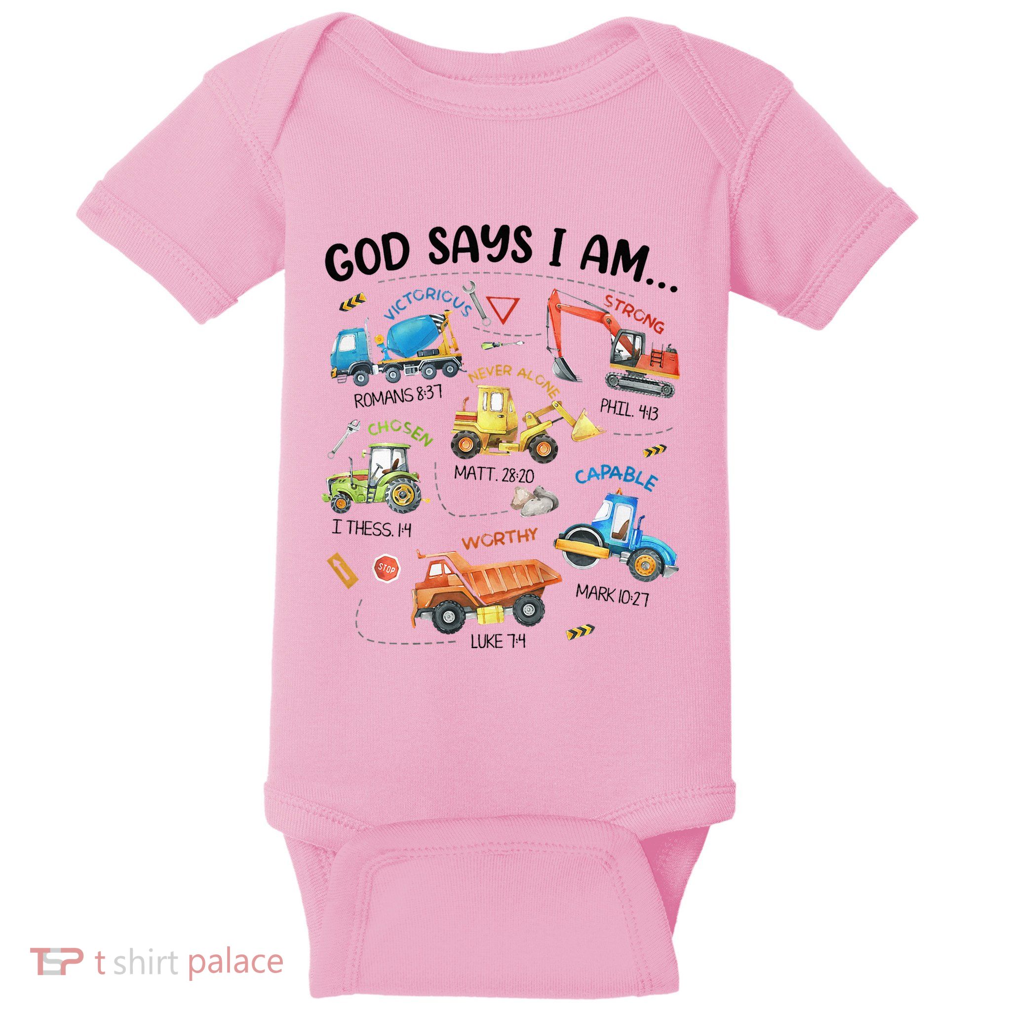 God Says I Am Construction Bible Verse Truck Baby Bodysuit
