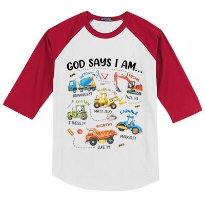 God Says I Am Construction Bible Verse Truck Kids Colorblock Raglan Jersey