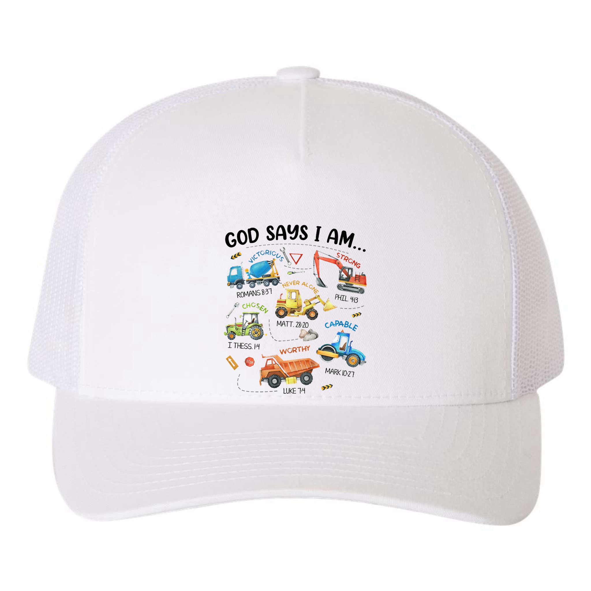 God Says I Am Construction Bible Verse Truck Yupoong Adult 5-Panel Trucker Hat