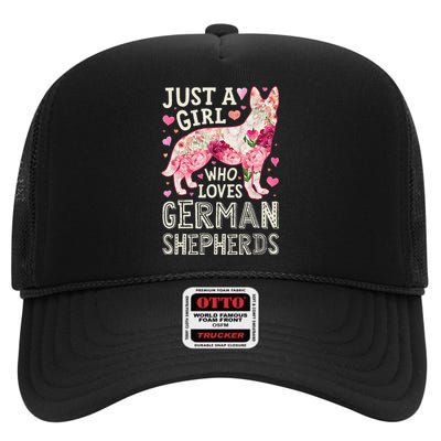 German Shepherd Just A Who Loves Dog Flower Floral High Crown Mesh Back Trucker Hat