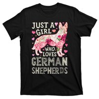 German Shepherd Just A Who Loves Dog Flower Floral T-Shirt