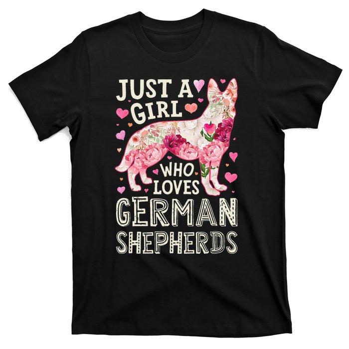 German Shepherd Just A Who Loves Dog Flower Floral T-Shirt