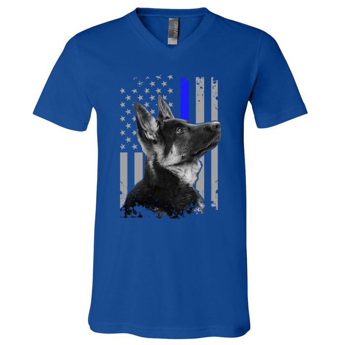 Ger Shepherd K9 Unit Thin Blue Line Flag Police Gift V-Neck T-Shirt