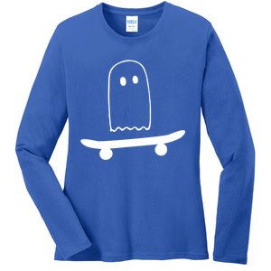 Ghost Skateboard Lazy Funny Skateboarding Halloween Costume Gift Ladies Long Sleeve Shirt