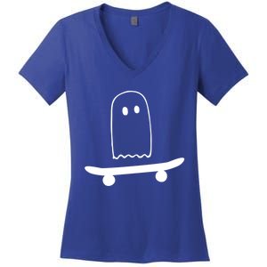 Ghost Skateboard Lazy Funny Skateboarding Halloween Costume Gift Women's V-Neck T-Shirt