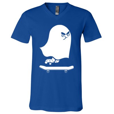 Ghost Skateboard Lazy Halloween Costume Spooktacular Gift V-Neck T-Shirt