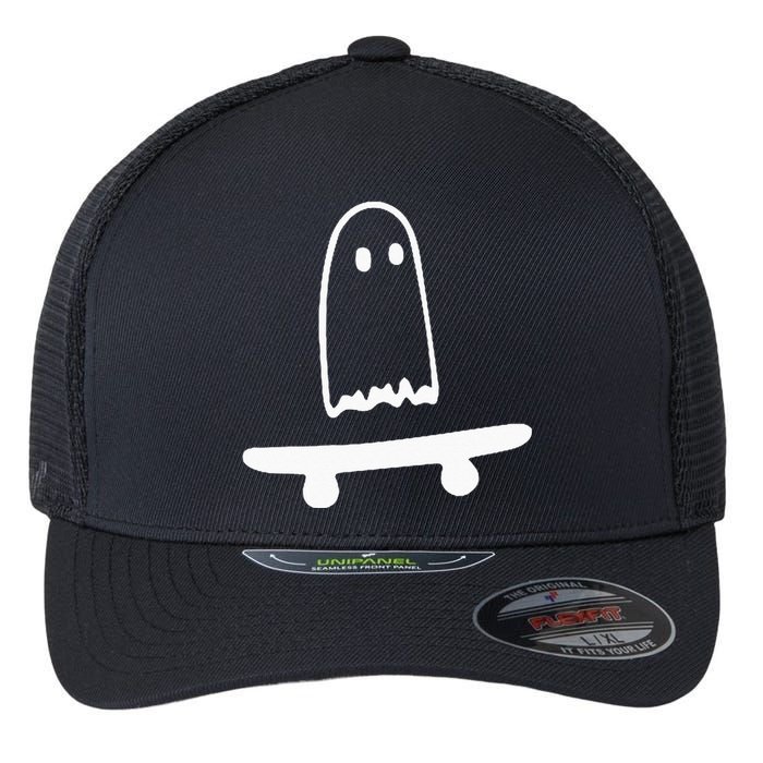 Ghost Skateboard Lazy Halloween Costume Funny Skateboarding Flexfit Unipanel Trucker Cap