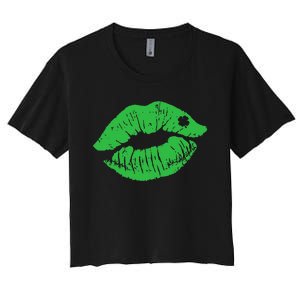 Green Shamrock Lips Kiss sexy St Patricks Day Irish Women's Crop Top Tee