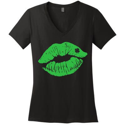 Green Shamrock Lips Kiss sexy St Patricks Day Irish Women's V-Neck T-Shirt