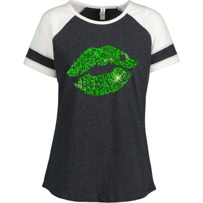 Green Shamrock Lips Kiss Irish St Patrick's Day Enza Ladies Jersey Colorblock Tee