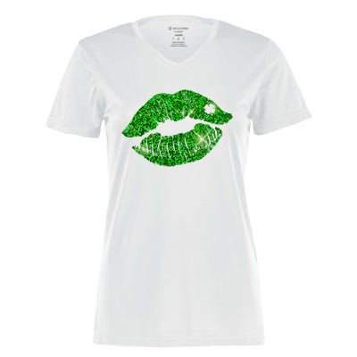 Green Shamrock Lips Kiss Irish St Patrick's Day Women's Momentum V-Neck T-Shirt