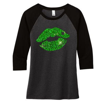 Green Shamrock Lips Kiss Irish St Patrick's Day Women's Tri-Blend 3/4-Sleeve Raglan Shirt