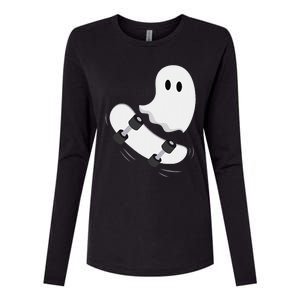 Ghost Skateboard Lazy Halloween Costume Funny Skateboarding Gift Womens Cotton Relaxed Long Sleeve T-Shirt