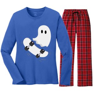 Ghost Skateboard Lazy Halloween Costume Funny Skateboarding Gift Women's Long Sleeve Flannel Pajama Set 